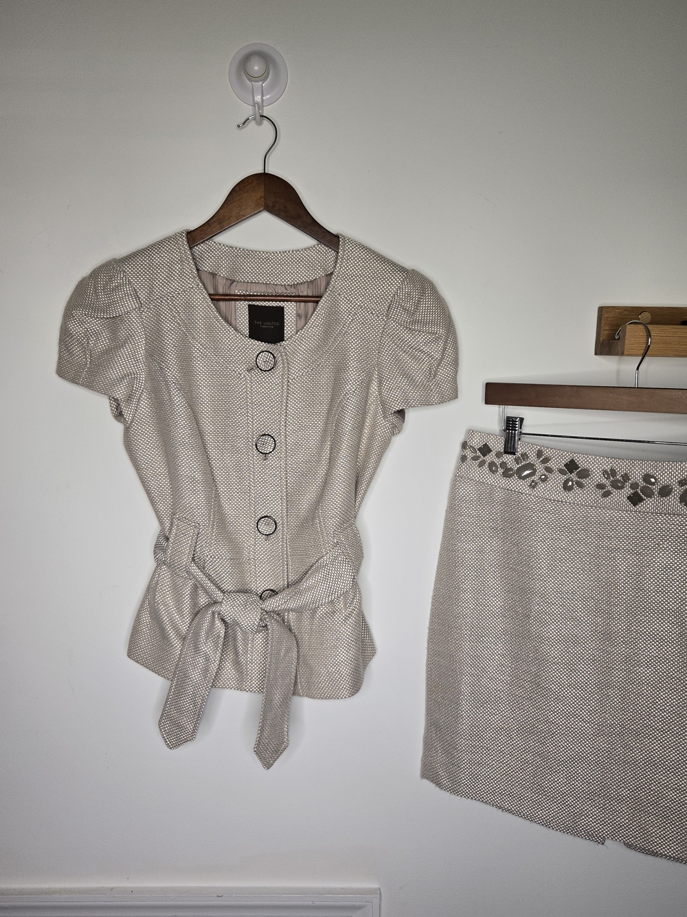 The Limited Collection Metallic Tweed Embellished Skirt Suit Beige 2 Piece Set S